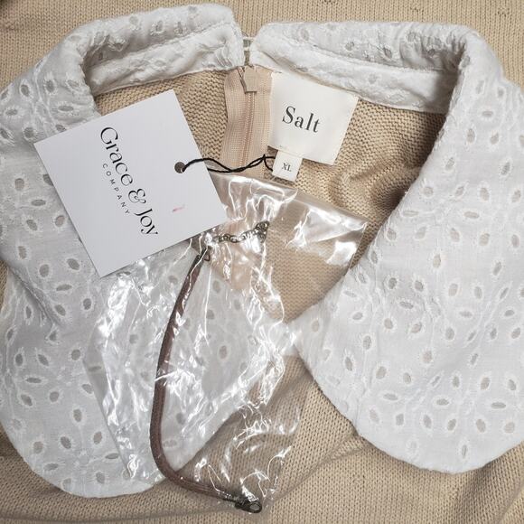 Salt Sweater Shift Dress Sz XL Khaki French Dot Knit Eyelet Collar Cottagecore - Picture 5 of 14